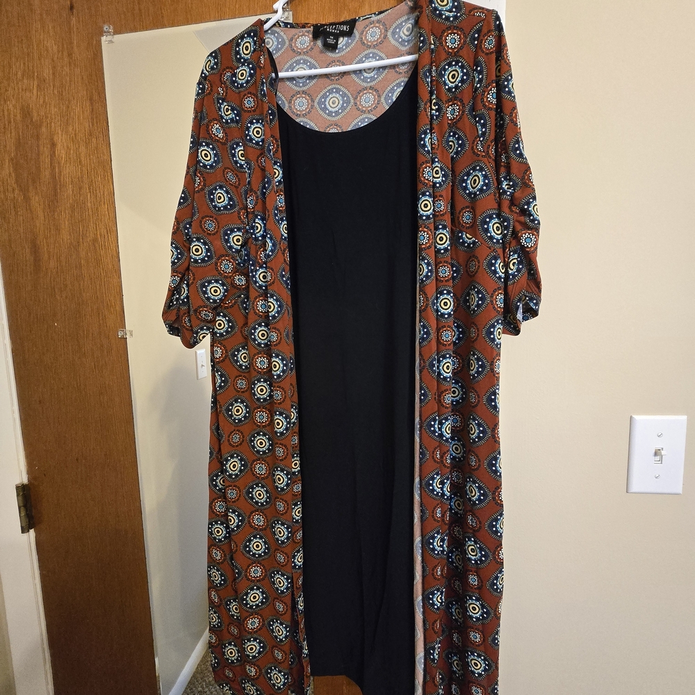 Perceptions Black And Orange Patterned Midi Dress - image 1